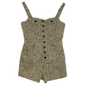 VOLCOM Overalls Shorts Stretchy Denim Tan Leopard Wild Animal Safari Medium EUC